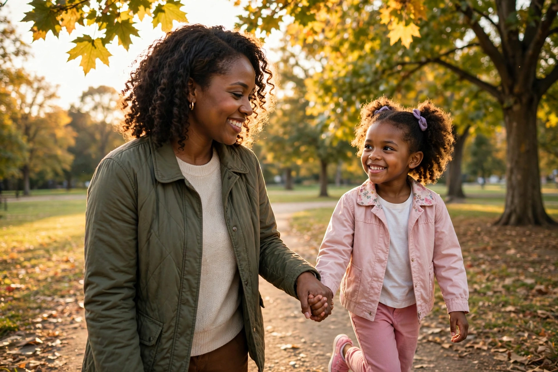 A smiling mother holding her daughter's hand on an autumn walk